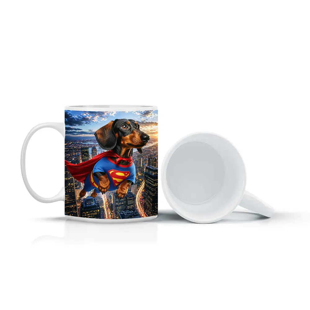 Dachshund Superman Flying Over City Skyline – Mugs