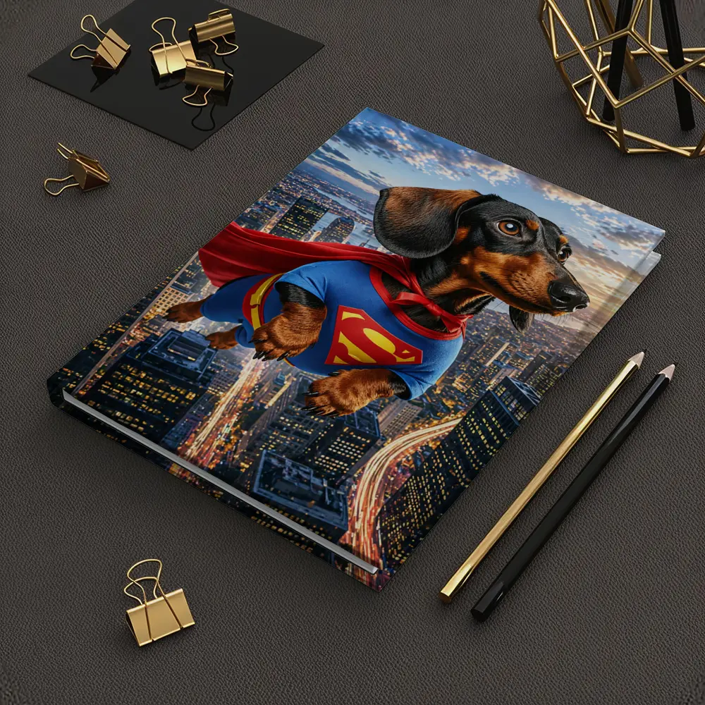 Dachshund Superman Flying Over City Skyline – Notebooks