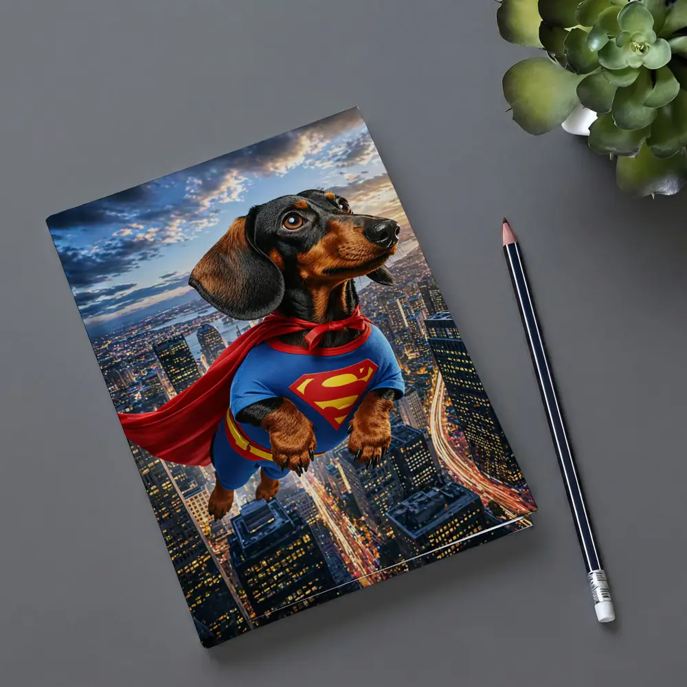 Dachshund Superman Flying Over City Skyline – Notebooks