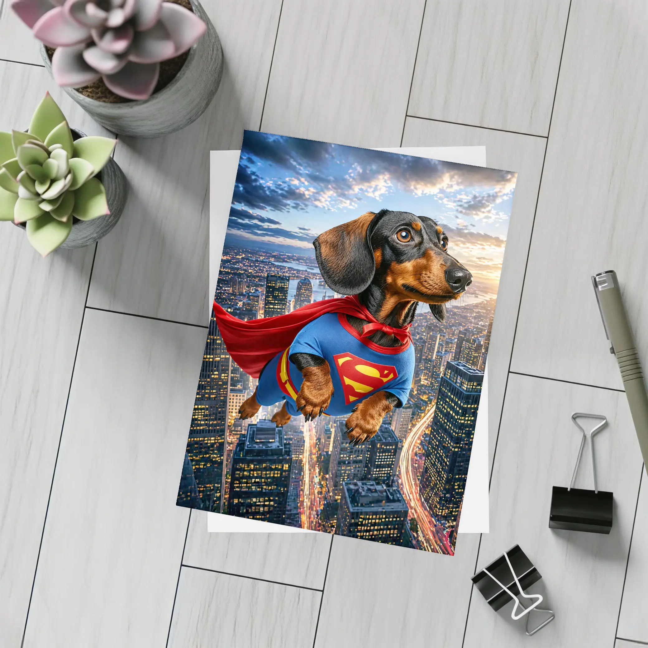 Dachshund Superman Flying Over City Skyline – Postcards