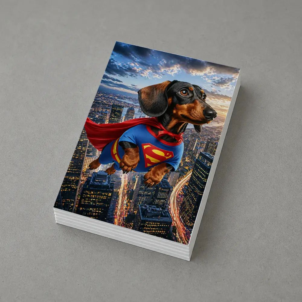 Dachshund Superman Flying Over City Skyline – Postcards