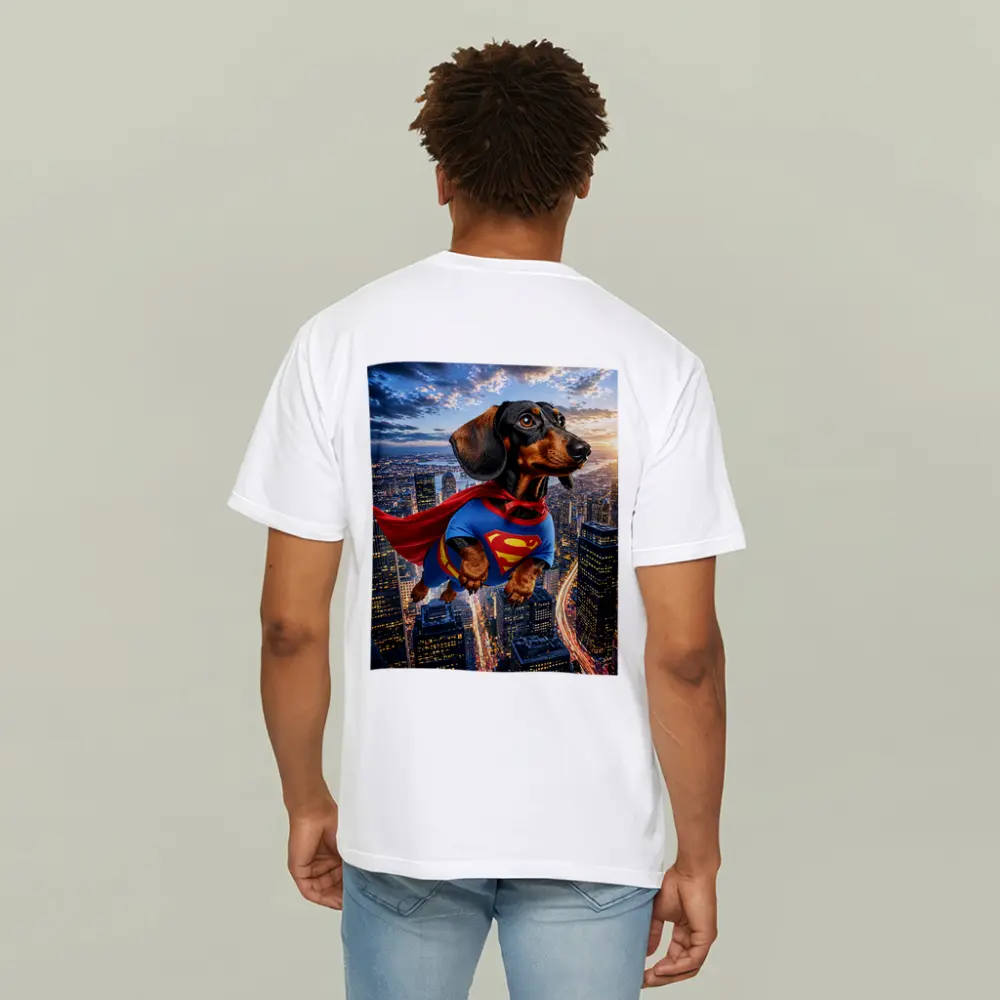 Dachshund Superman Flying Over City Skyline – T-Shirts