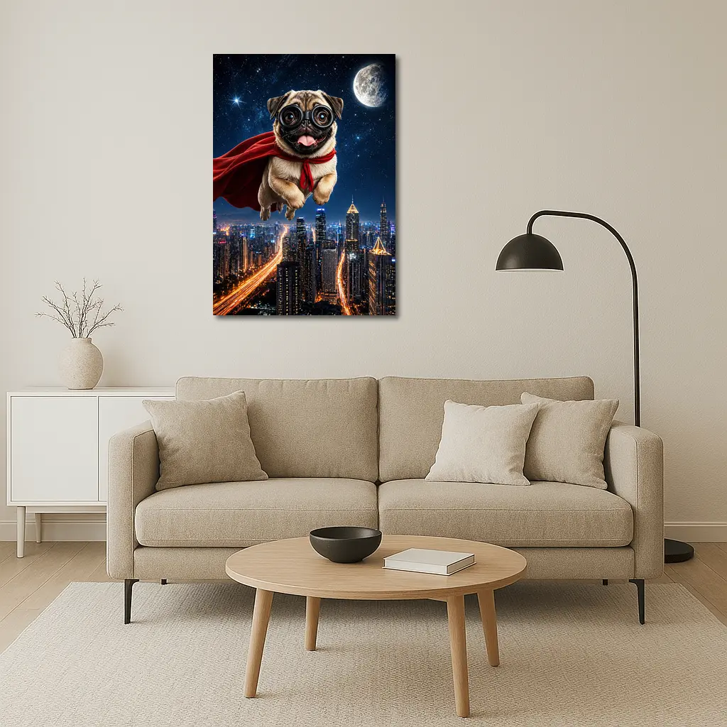 Superhero Pug Flying Over Night City – Wall Art