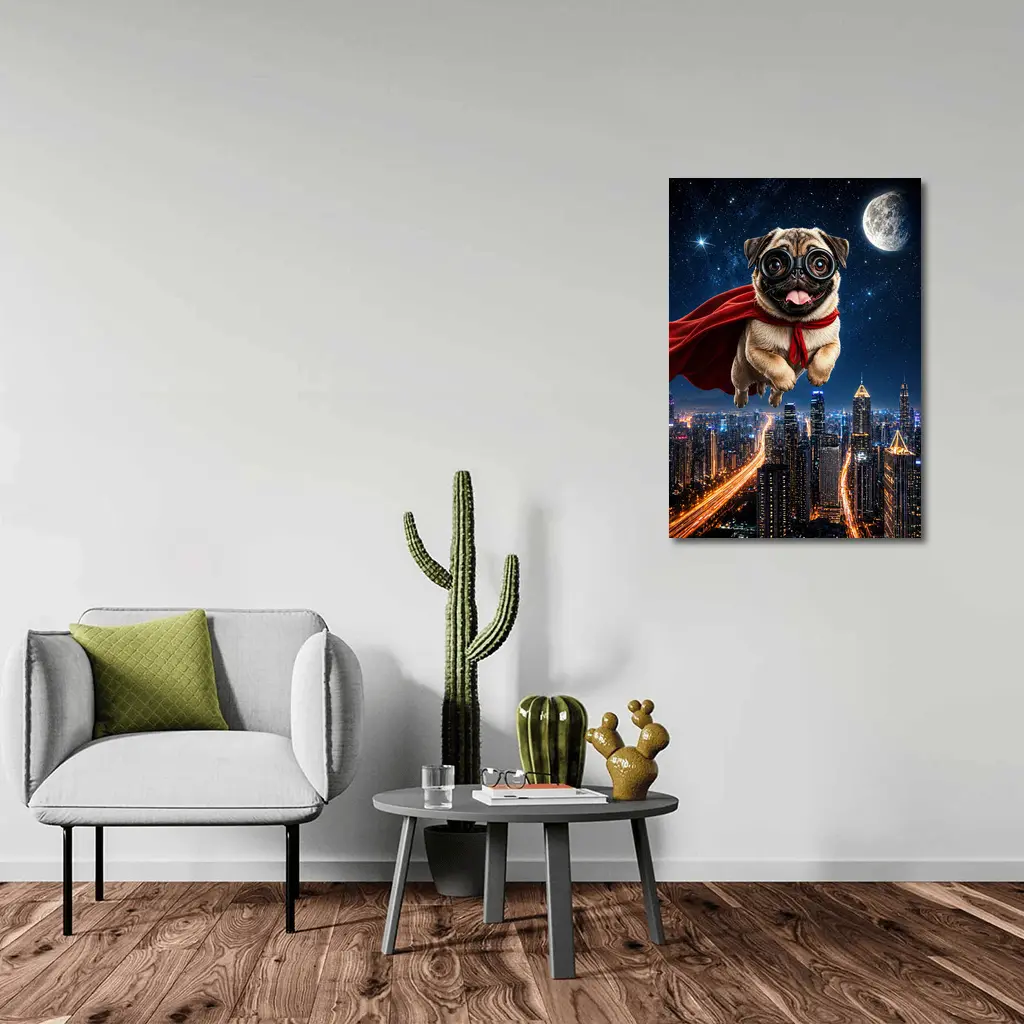 Superhero Pug Flying Over Night City – Wall Art