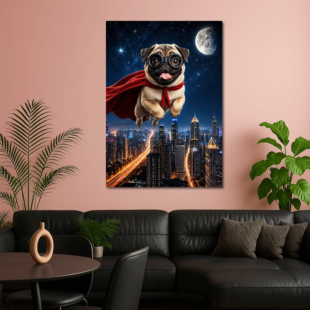 Superhero Pug Flying Over Night City – Wall Art