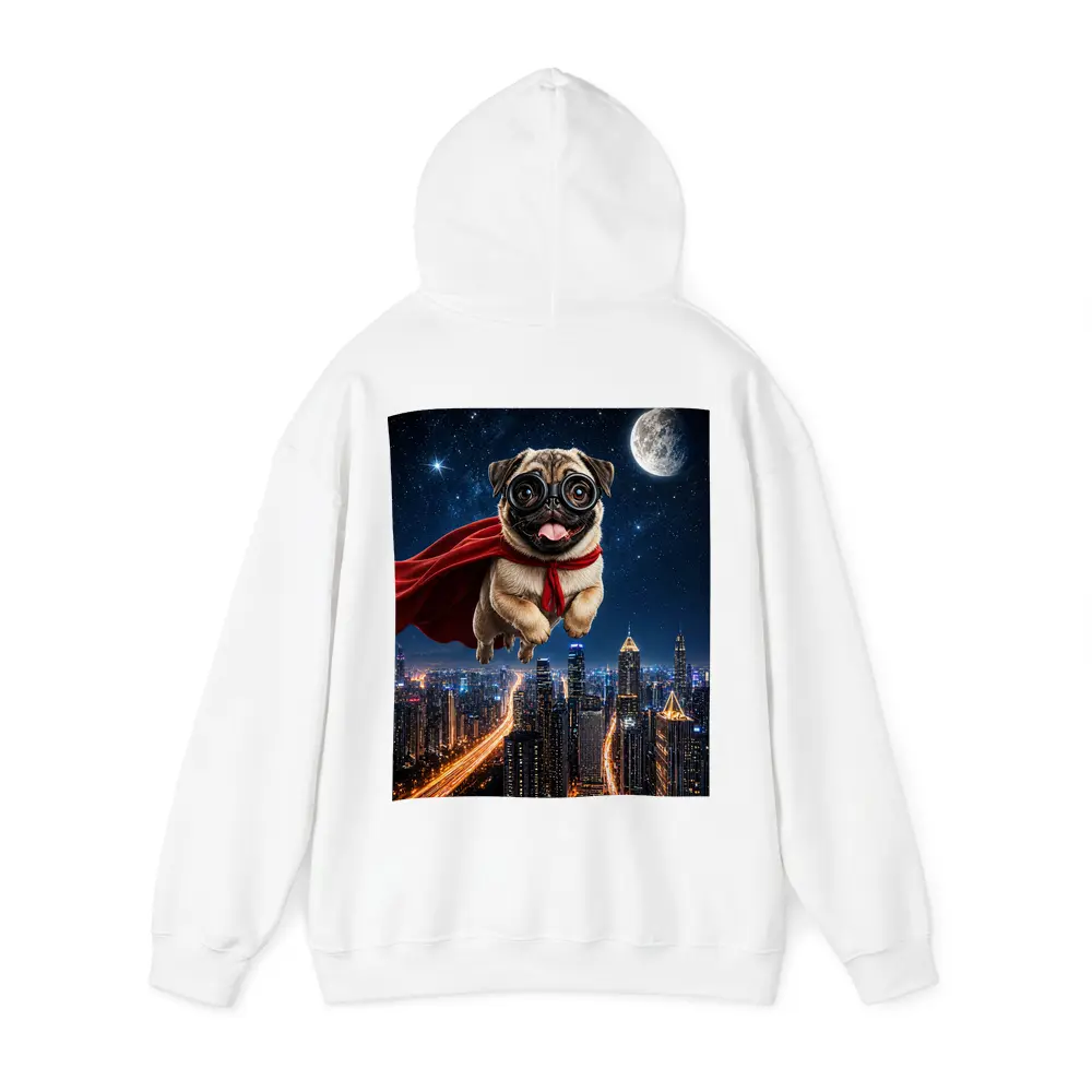 Superhero Pug Flying Over Night City – Hoodies