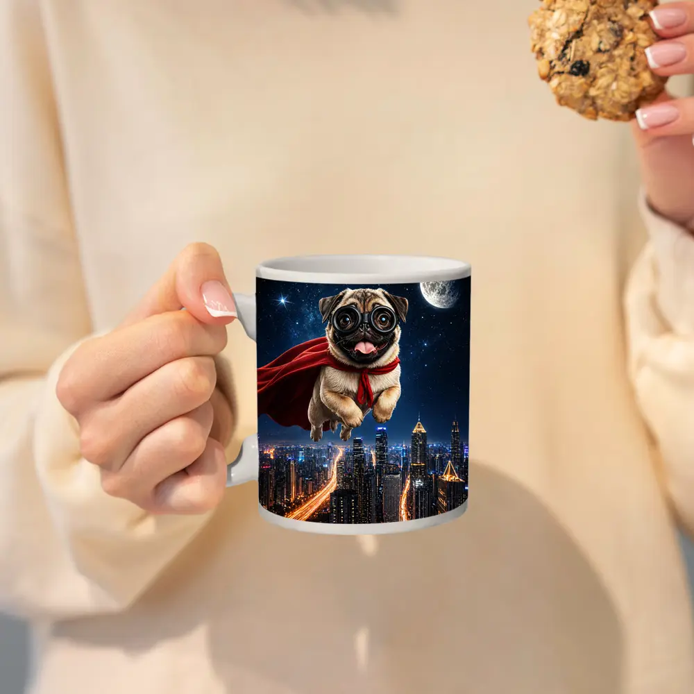 Superhero Pug Flying Over Night City – Mugs
