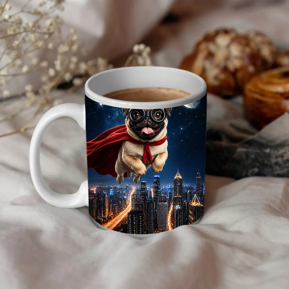 Superhero Pug Flying Over Night City – Mugs