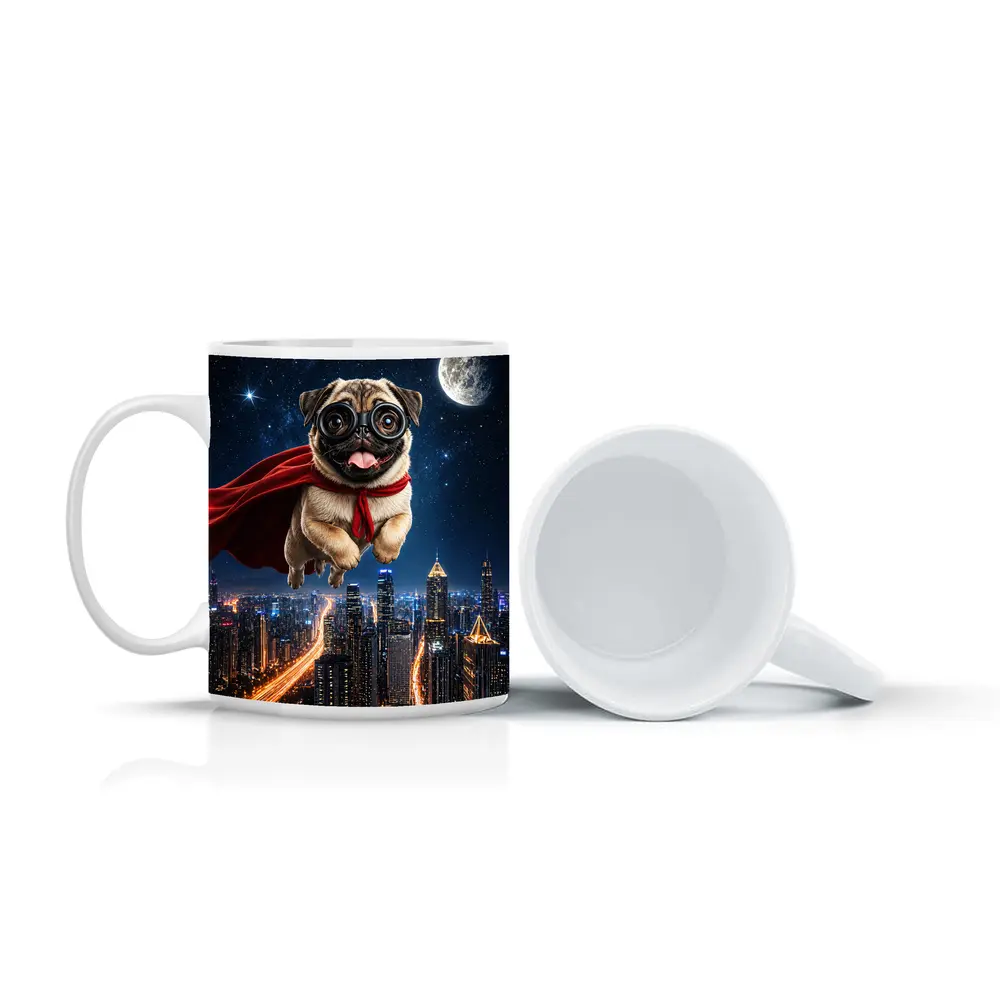 Superhero Pug Flying Over Night City – Mugs