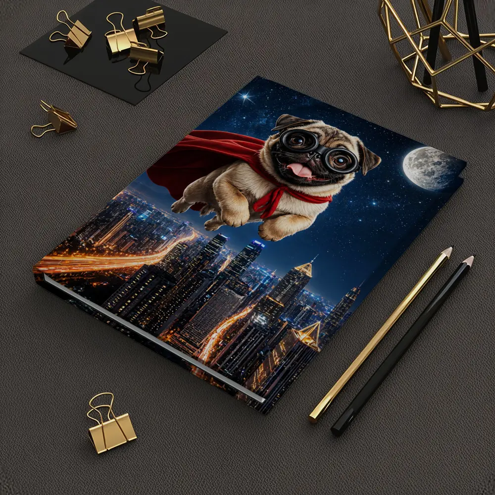 Superhero Pug Flying Over Night City – Notebooks