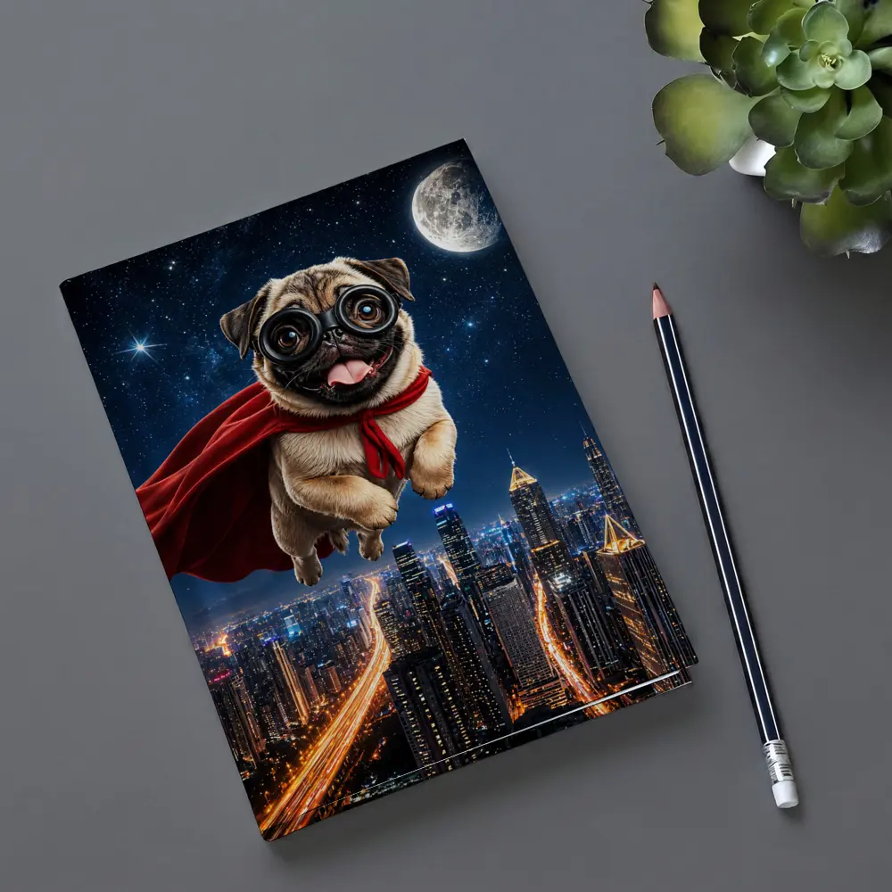 Superhero Pug Flying Over Night City – Notebooks