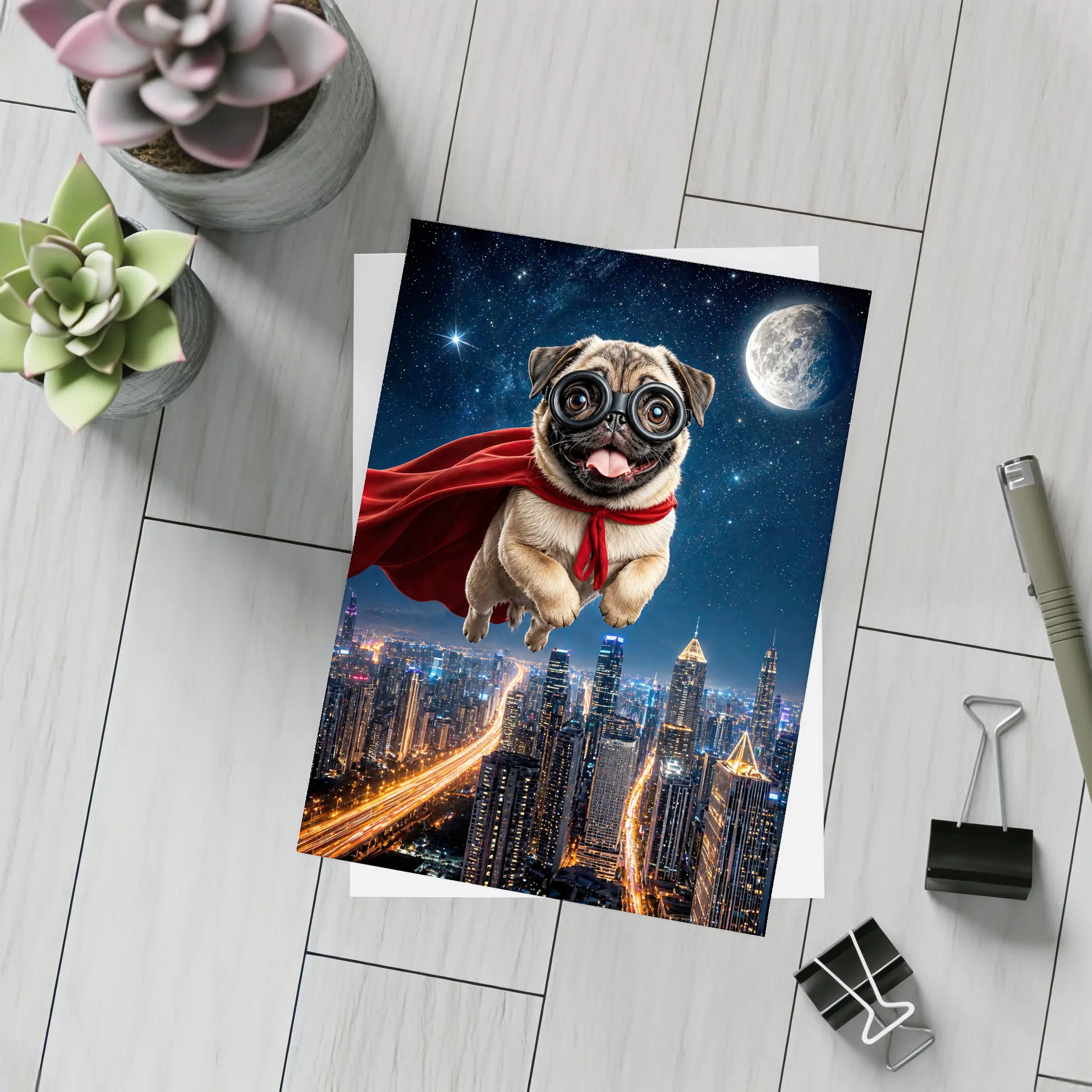 Superhero Pug Flying Over Night City – Postcards