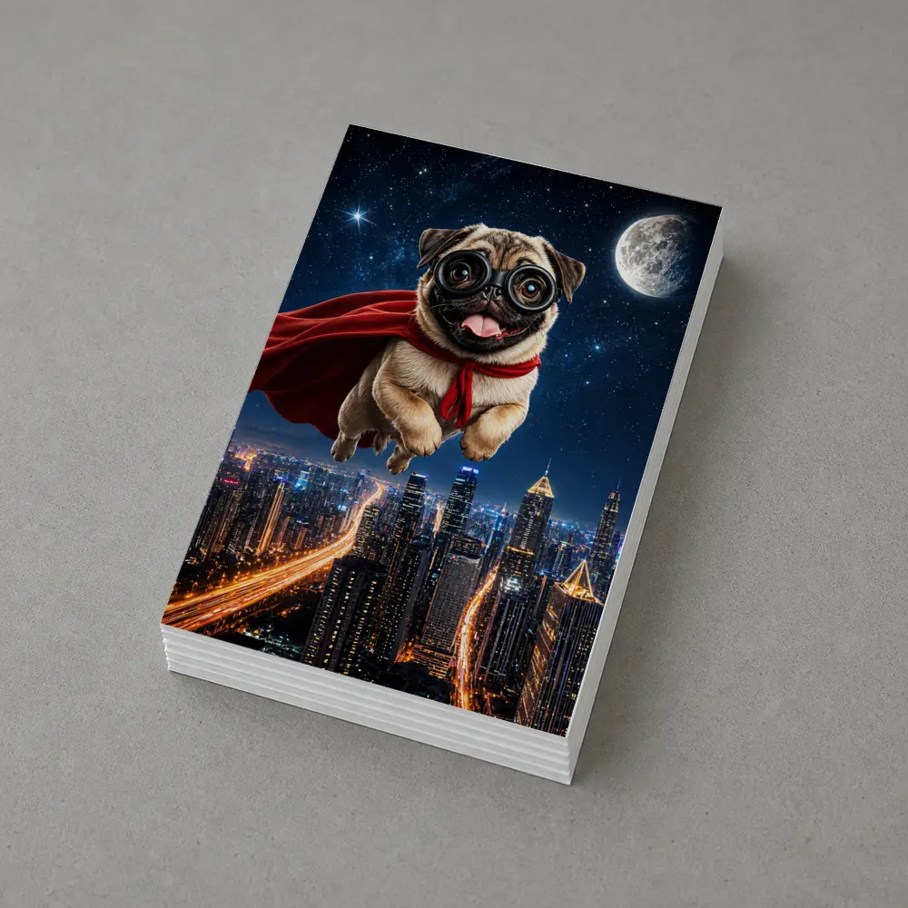 Superhero Pug Flying Over Night City – Postcards