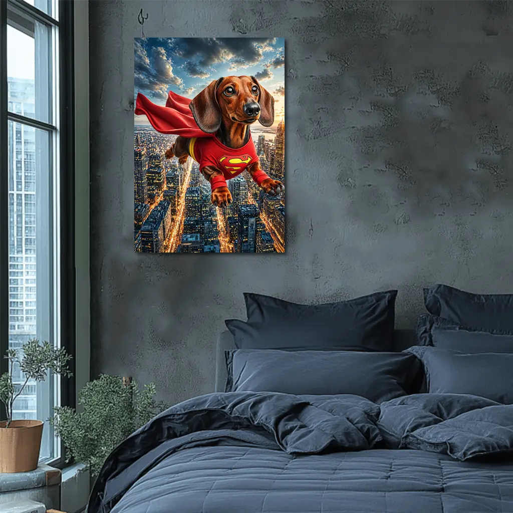 Dachshund Superhero Flying Over City Skyline – Wall Art