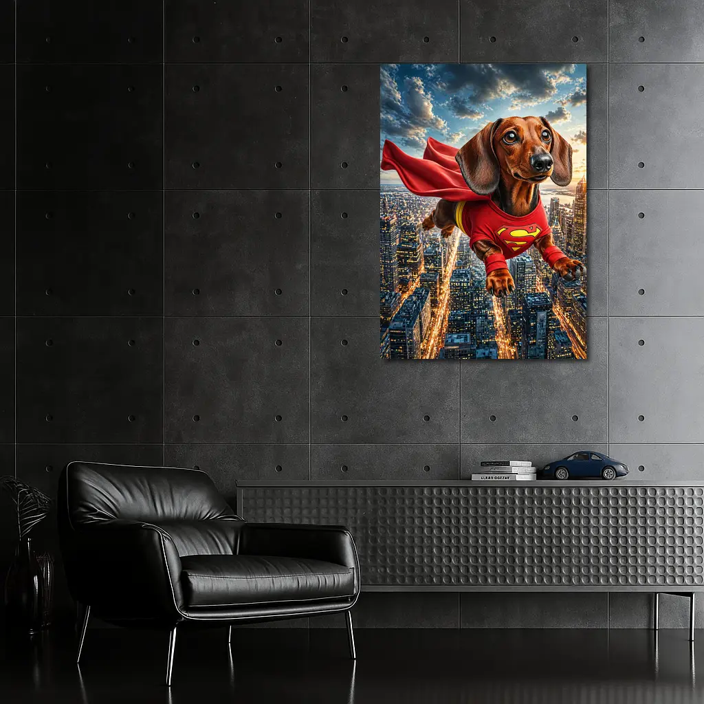 Dachshund Superhero Flying Over City Skyline – Wall Art