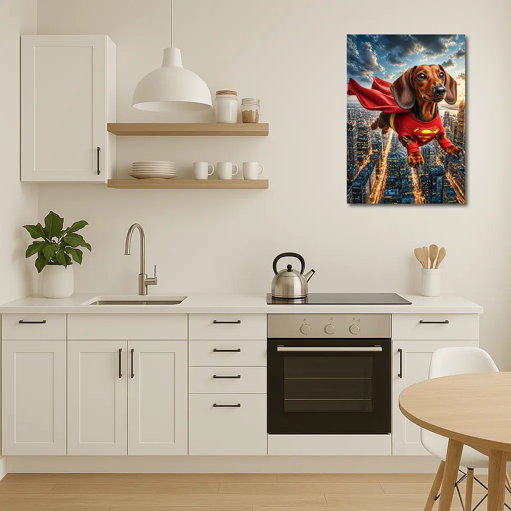 Dachshund Superhero Flying Over City Skyline – Wall Art