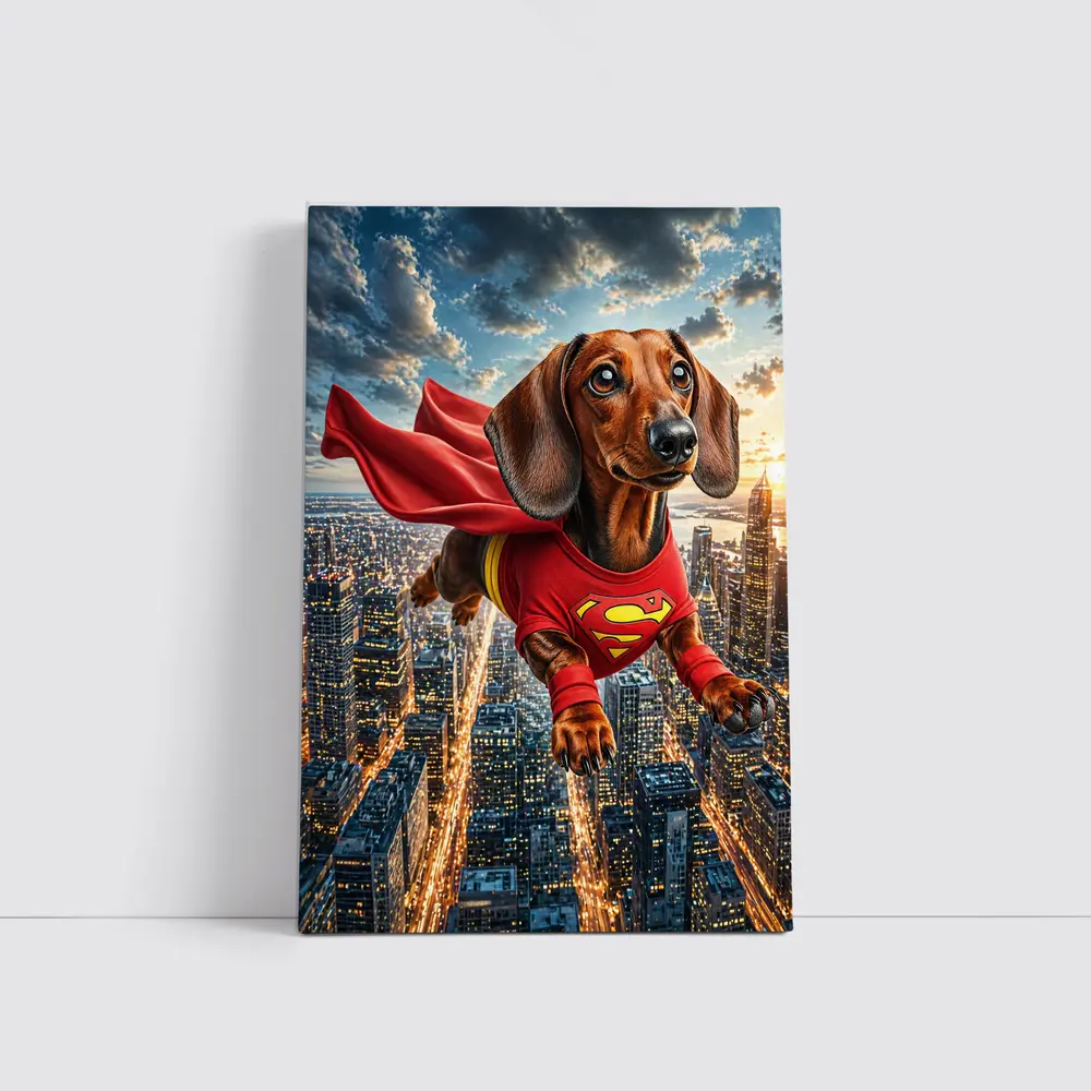 Dachshund Superhero Flying Over City Skyline – Wall Art