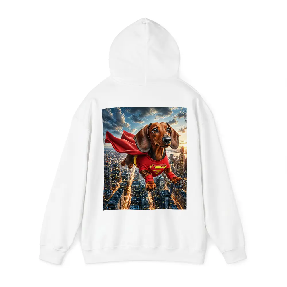 Dachshund Superhero Flying Over City Skyline – Hoodies