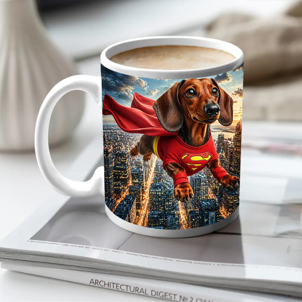 Dachshund Superhero Flying Over City Skyline – Mugs