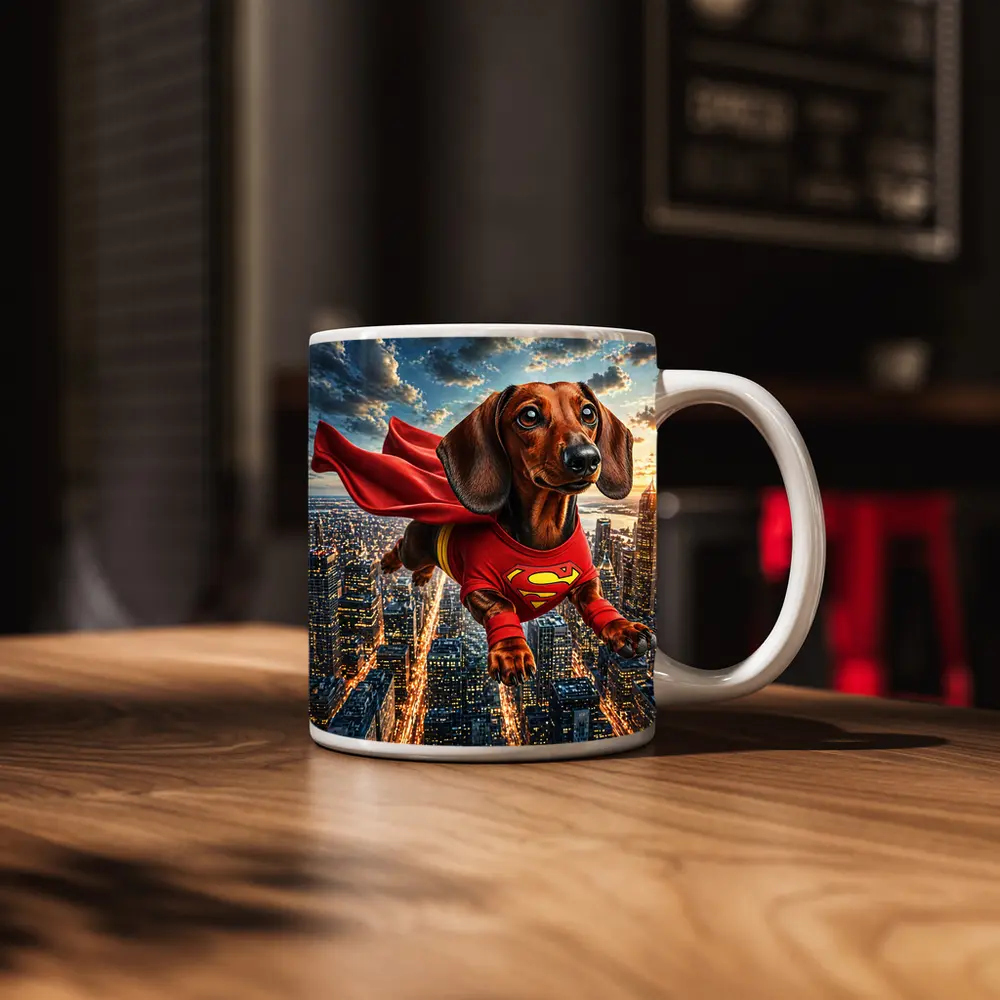 Dachshund Superhero Flying Over City Skyline – Mugs