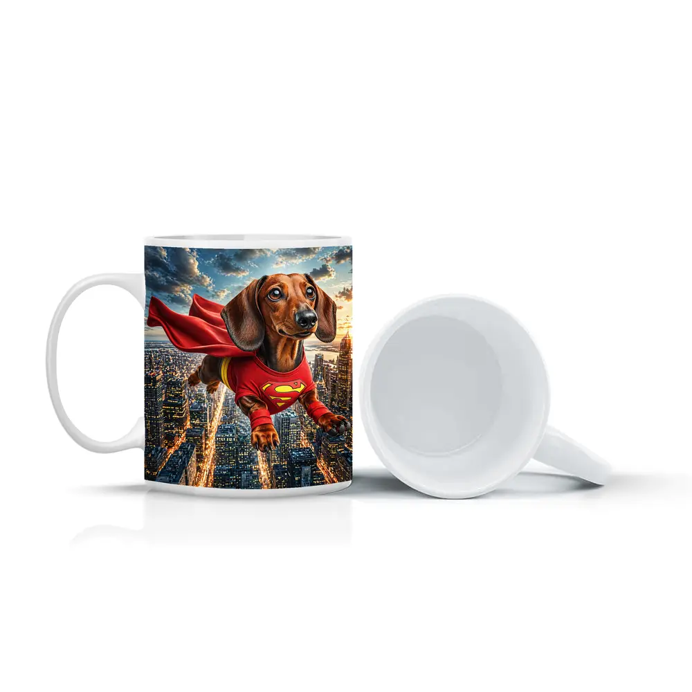 Dachshund Superhero Flying Over City Skyline – Mugs