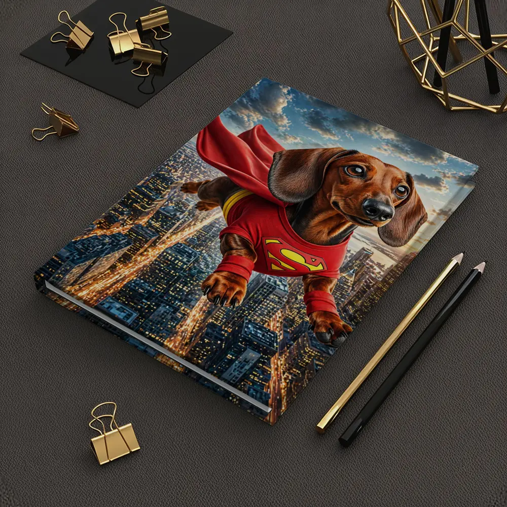 Dachshund Superhero Flying Over City Skyline – Notebooks