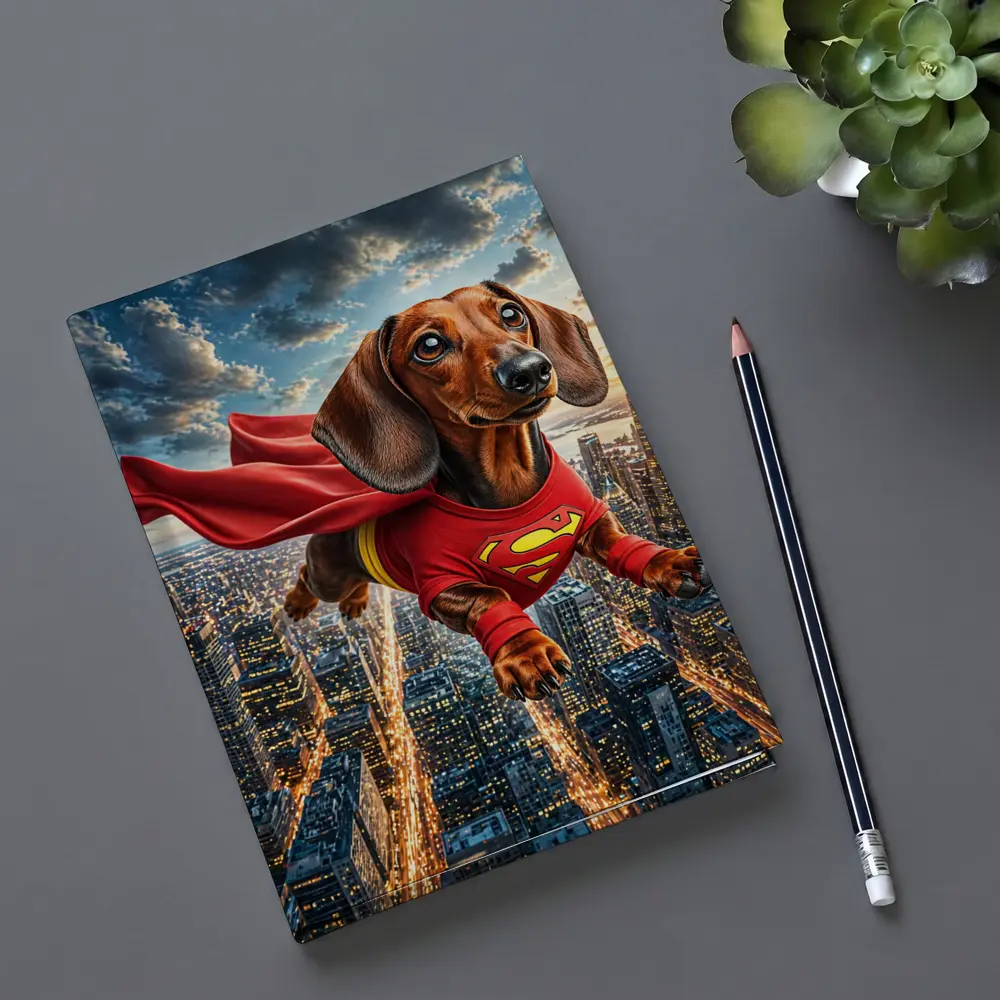 Dachshund Superhero Flying Over City Skyline – Notebooks