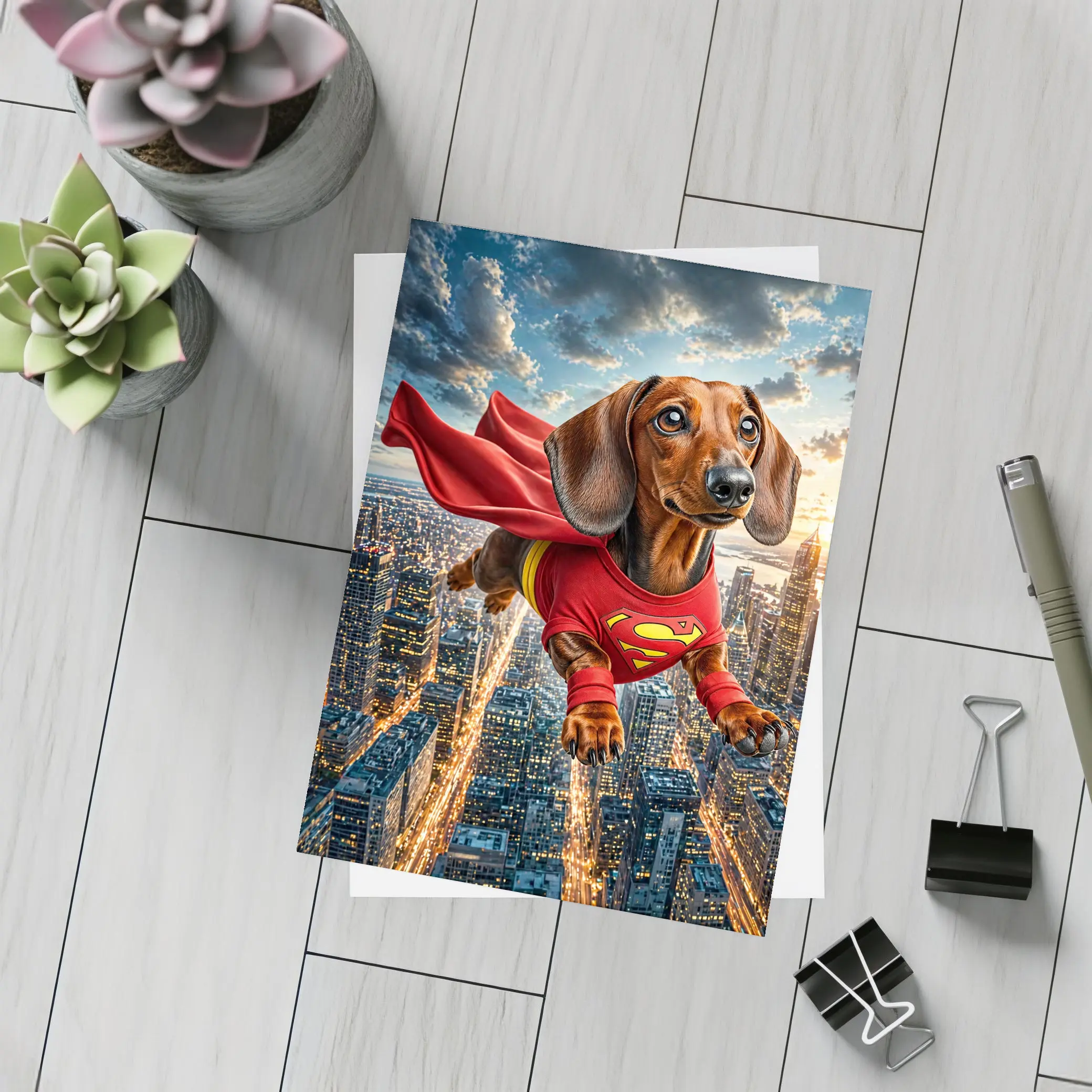 Dachshund Superhero Flying Over City Skyline – Postcards