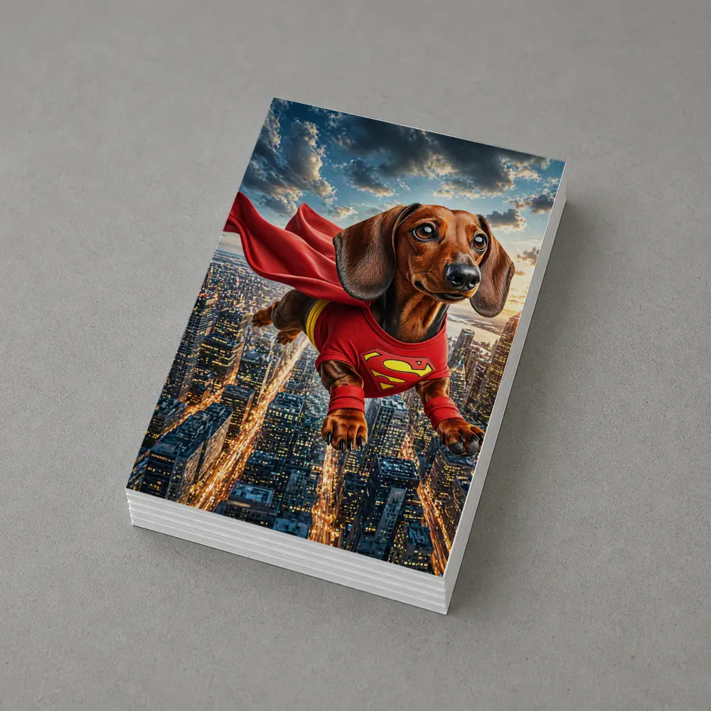 Dachshund Superhero Flying Over City Skyline – Postcards