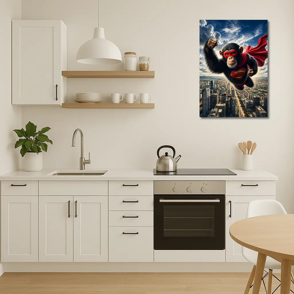 Superhero Chimpanzee Flying Over City Skyline – Wall Art