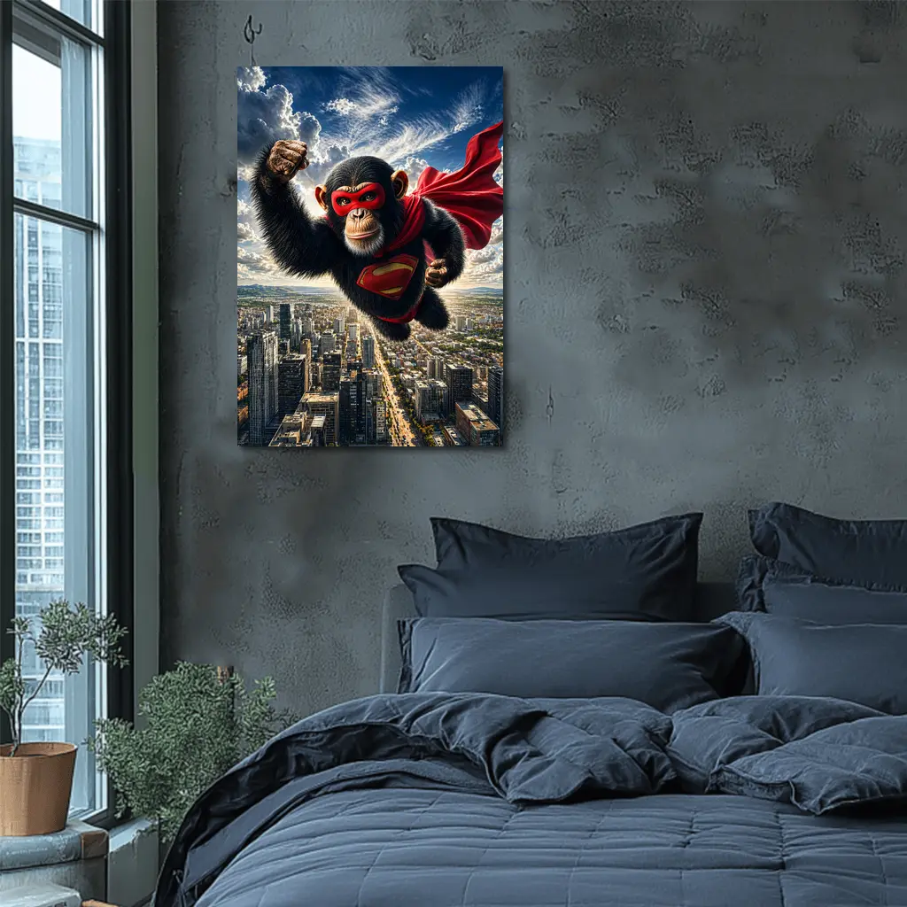 Superhero Chimpanzee Flying Over City Skyline – Wall Art