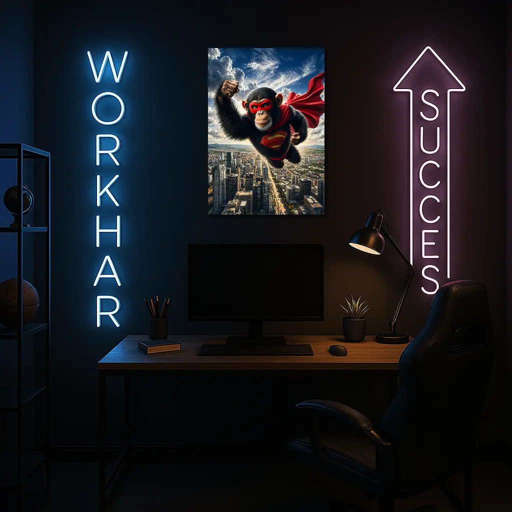 Superhero Chimpanzee Flying Over City Skyline – Wall Art