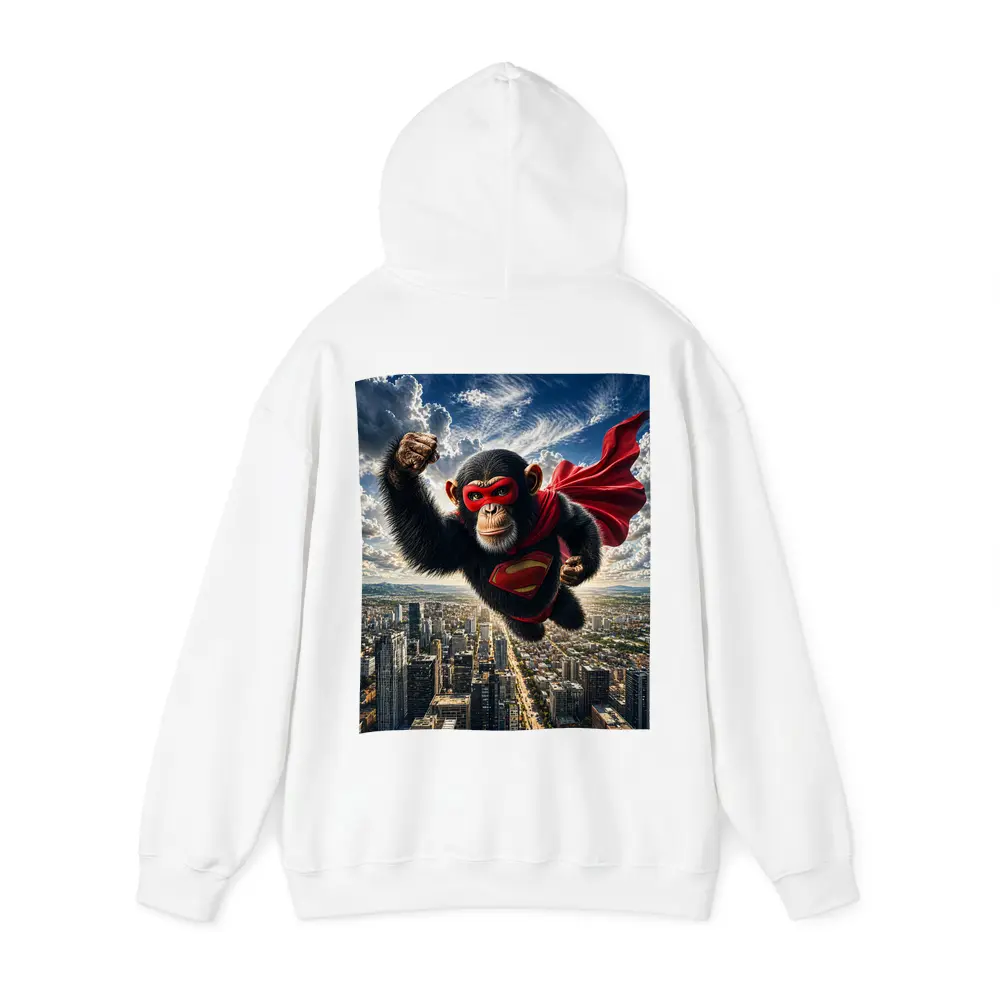 Superhero Chimpanzee Flying Over City Skyline – Hoodies