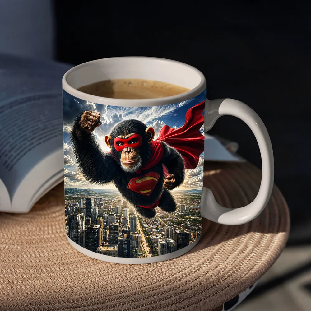 Superhero Chimpanzee Flying Over City Skyline – Mugs