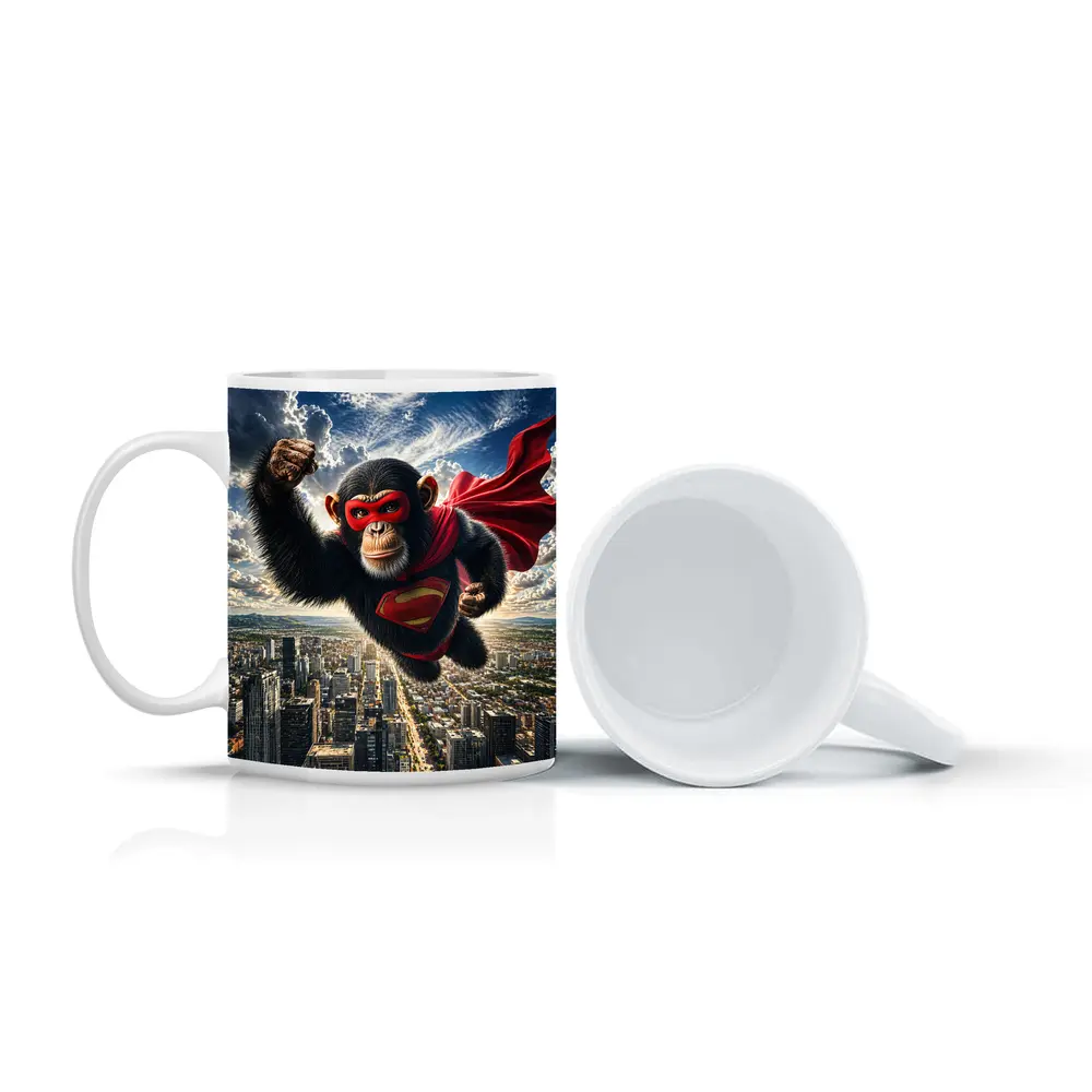 Superhero Chimpanzee Flying Over City Skyline – Mugs