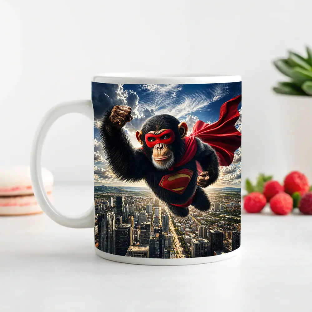 Superhero Chimpanzee Flying Over City Skyline – Mugs