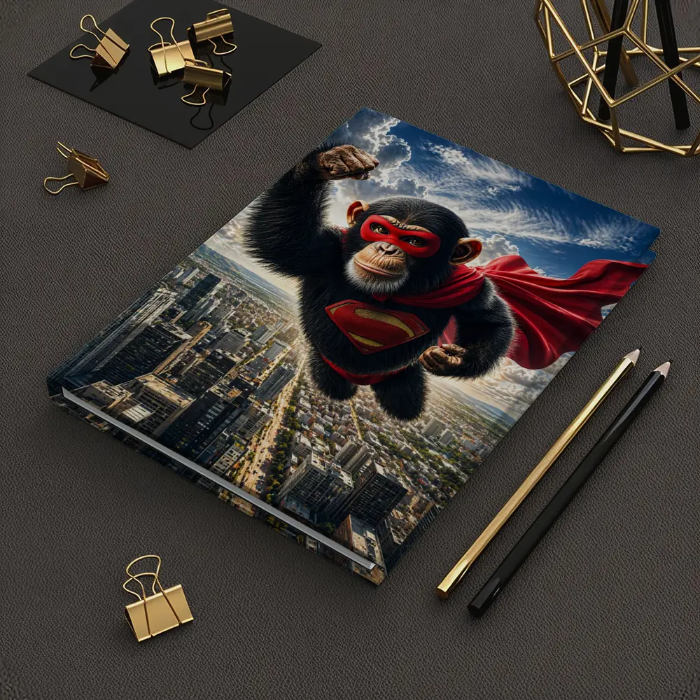 Superhero Chimpanzee Flying Over City Skyline – Notebooks