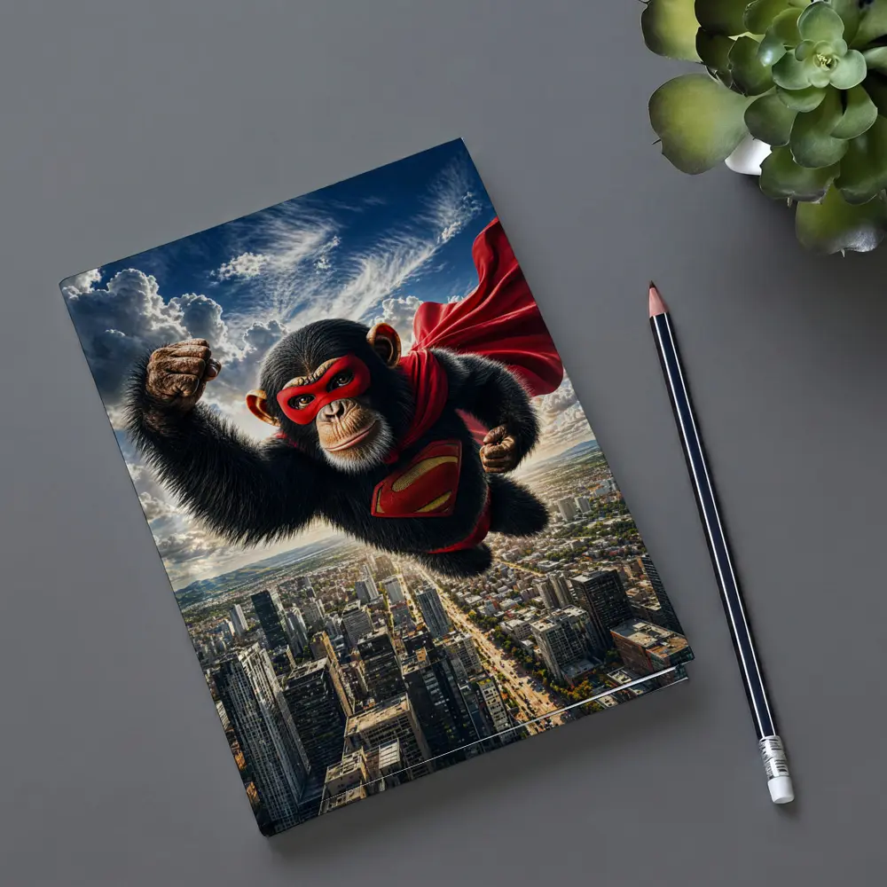 Superhero Chimpanzee Flying Over City Skyline – Notebooks