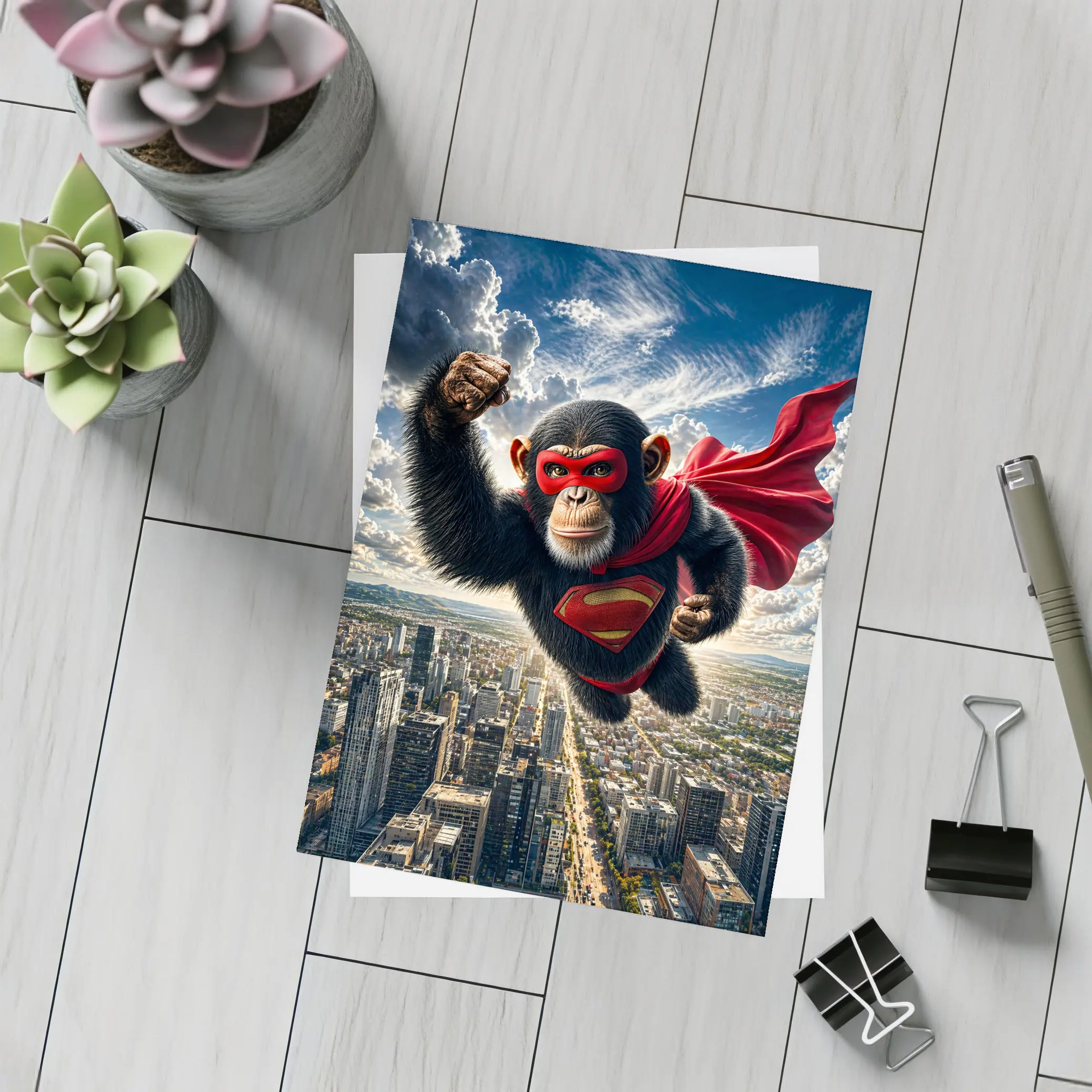 Superhero Chimpanzee Flying Over City Skyline – Postcards