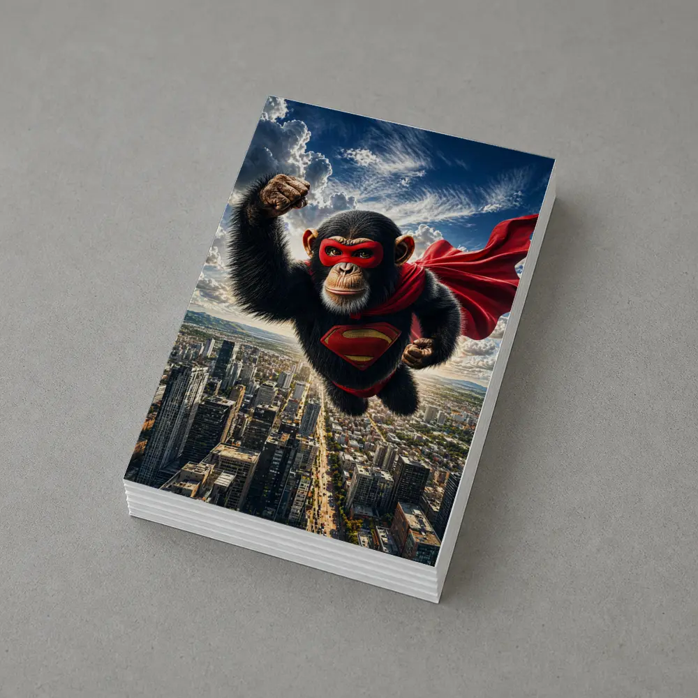 Superhero Chimpanzee Flying Over City Skyline – Postcards