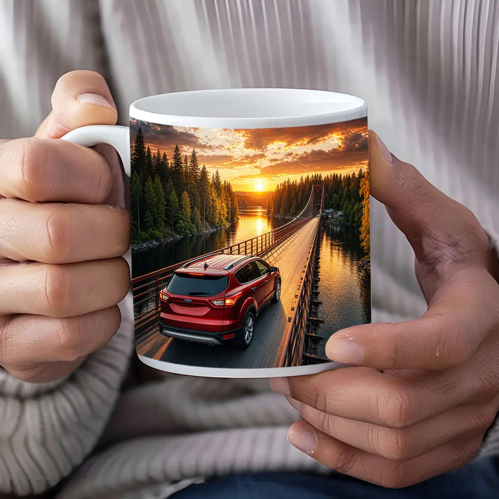 Ford Escape Red SUV Bridge Sunset – Mugs