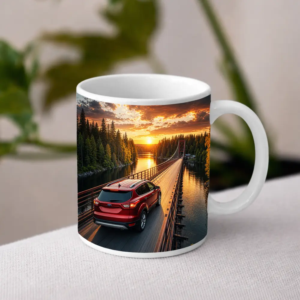 Ford Escape Red SUV Bridge Sunset – Mugs
