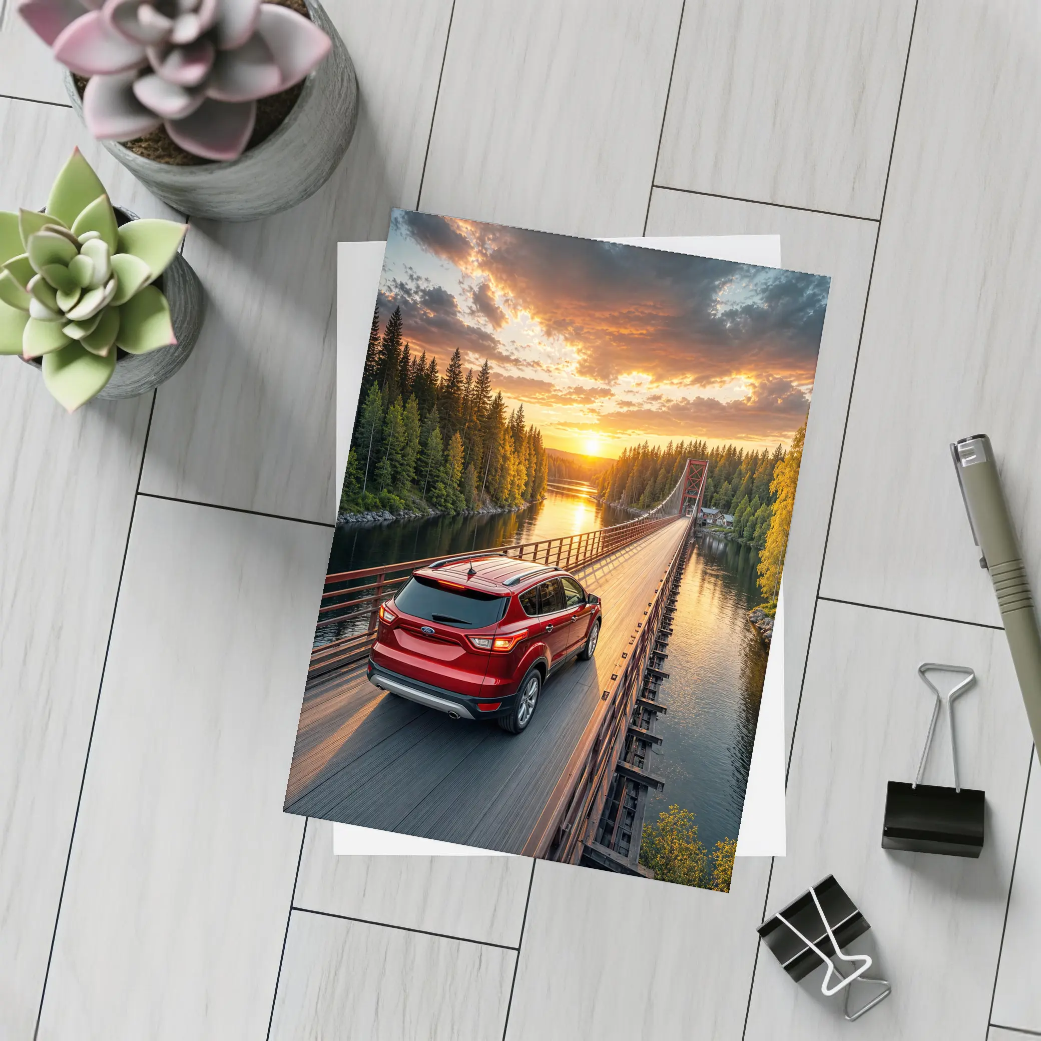Ford Escape Red SUV Bridge Sunset – Postcards