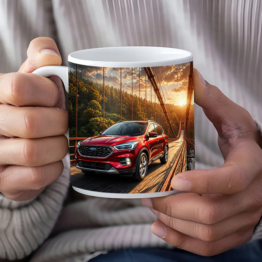Ford Escape Red SUV On Suspension Bridge – Mugs