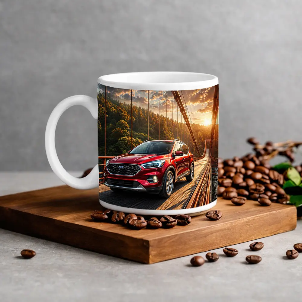 Ford Escape Red SUV On Suspension Bridge – Mugs