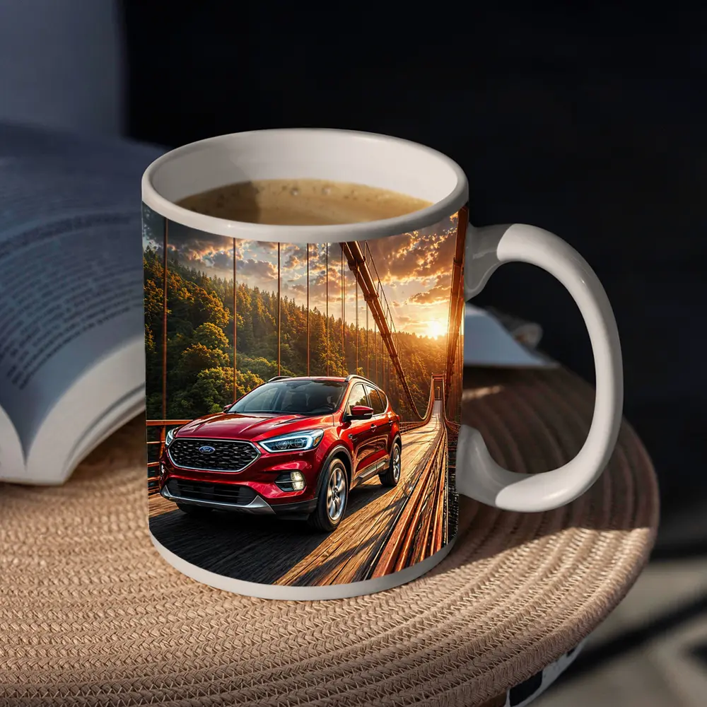 Ford Escape Red SUV On Suspension Bridge – Mugs