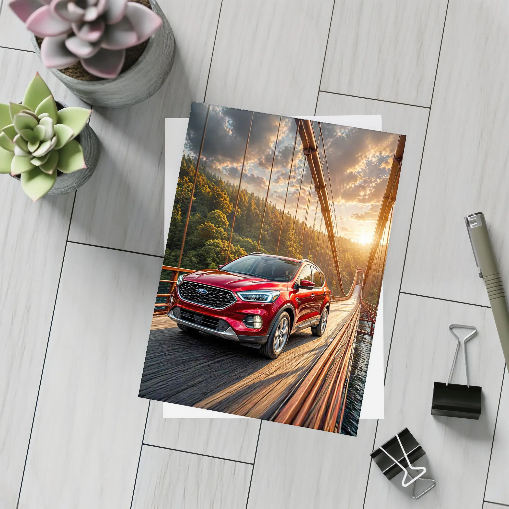 Ford Escape Red SUV On Suspension Bridge – Postcards