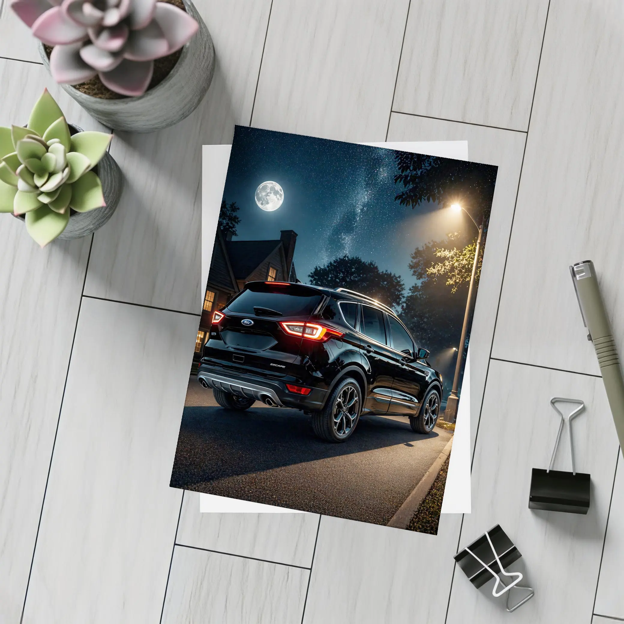 Ford Escape SUV Black Night Moonlit Street – Postcards