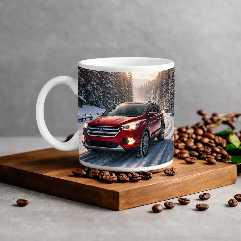 Ford Escape SUV on Snowy Winter Road – Mugs