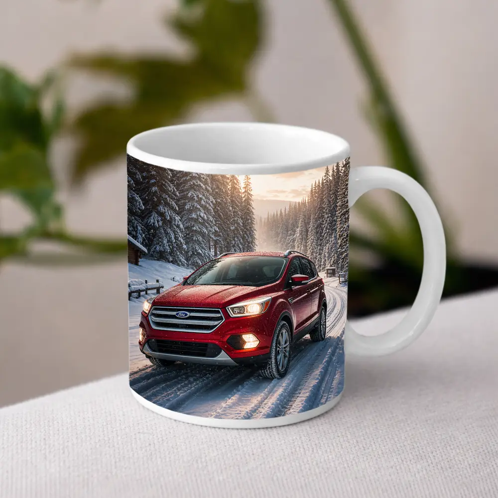Ford Escape SUV on Snowy Winter Road – Mugs